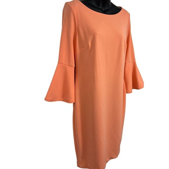 Calvin Klein Bell Sleeve Peach Dress Size 10 Women Sheath 3/4 Scoop Stretch New - Picture 3 of 9